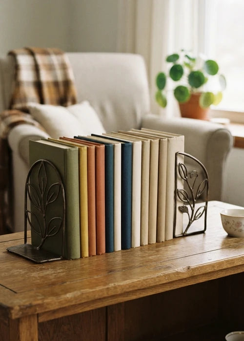 Serre-livres design en métal maintenant des ouvrages sur une étagère dans un coin lecture chaleureux