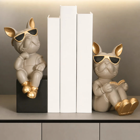 Paire de serre-livres en résine beige avec accents dorés encadrant des livres sur une étagère