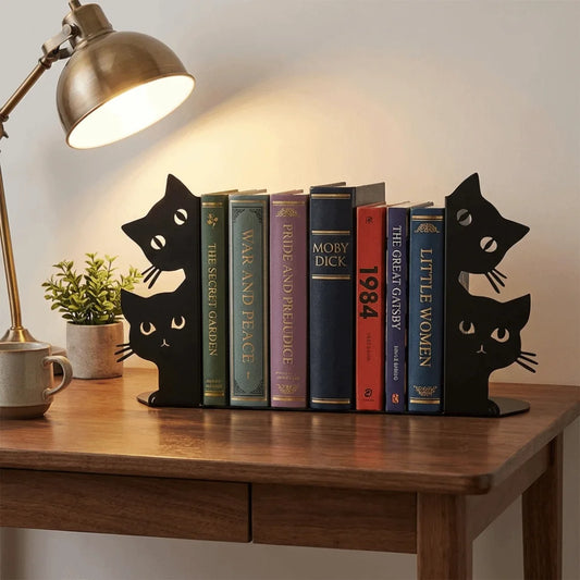 Supports félins noirs maintenant une rangée de livres sous une lampe de bureau