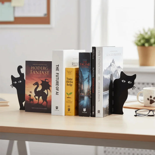 Deux chats noirs debout maintenant des livres sur un bureau lumineux