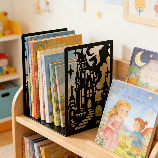 Serre-livres noirs maintenant des albums illustrés sur une étagère en bois