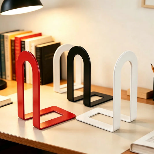 Paires de supports métalliques rouges, noirs et blancs présentées sur un bureau