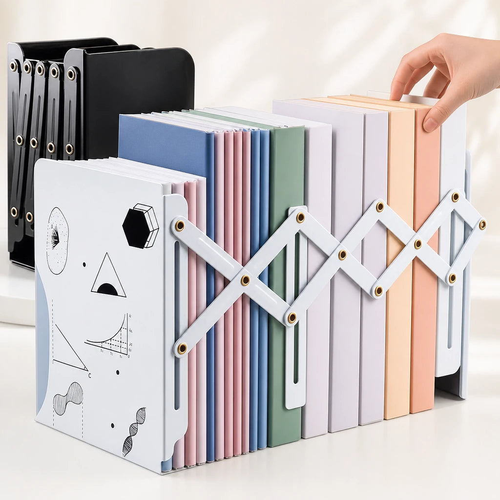 Serre-livres extensible blanc chargé de livres colorés avec mécanisme déployé visible