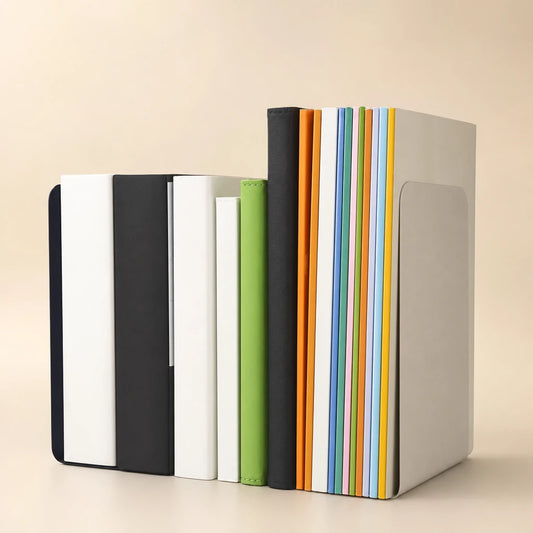 Nombreux livres tenus entre des serre-livres noir et beige sur fond gris