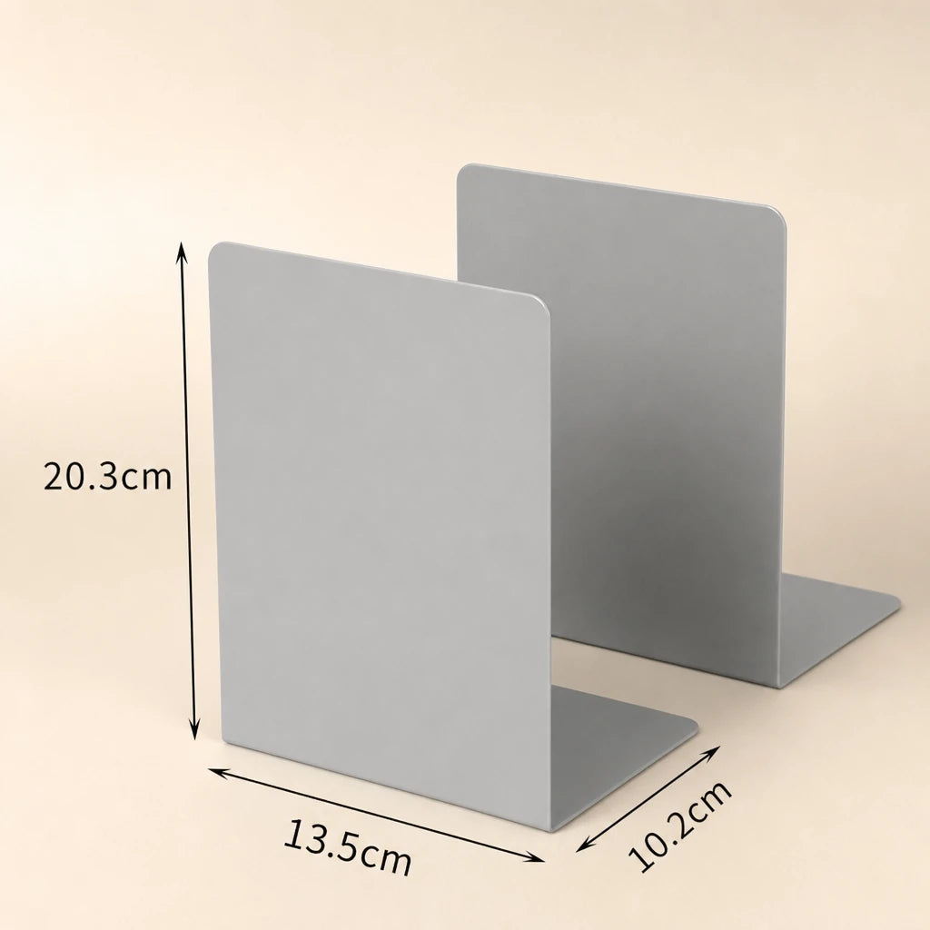 Paire de serre-livres en métal gris avec dimensions : 20,3 cm de hauteur, 135 mm de largeur, 10,2 cm de profondeur