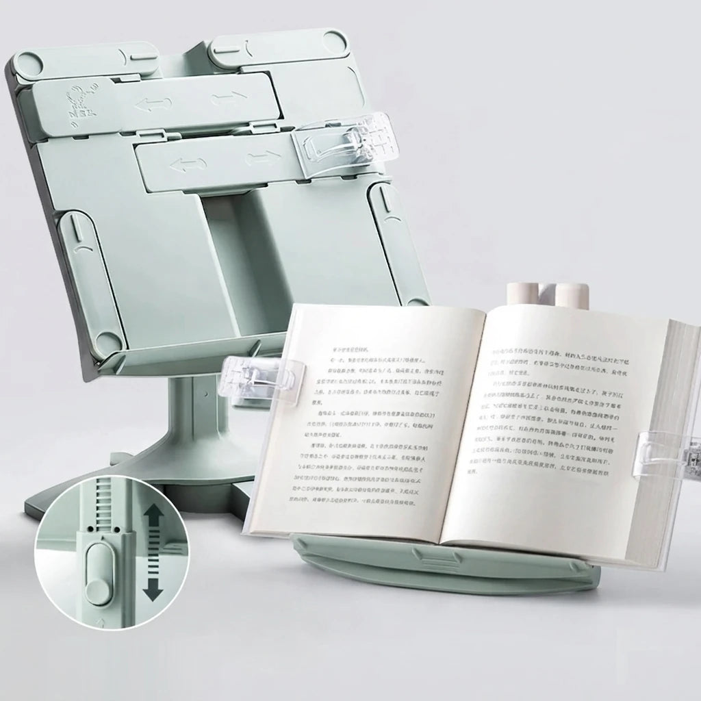 Livre ouvert devant un porte-livre réglable en hauteur sur une table