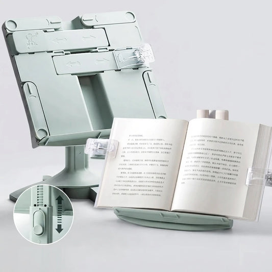 Livre ouvert devant un porte-livre réglable en hauteur sur une table
