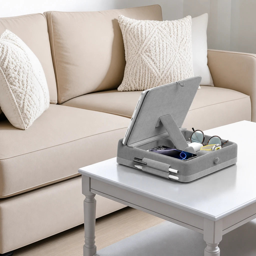 Support de lecture posé sur une table basse avec caractéristiques mises en avant : réglage, compatibilité, tissu doux et porte-stylets
