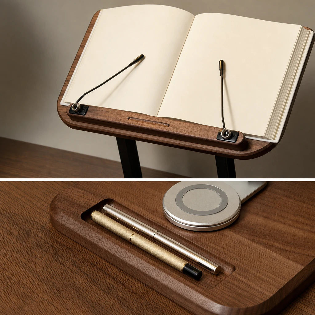 Pinces maintenant un livre ouvert et rainure de rangement avec deux stylos