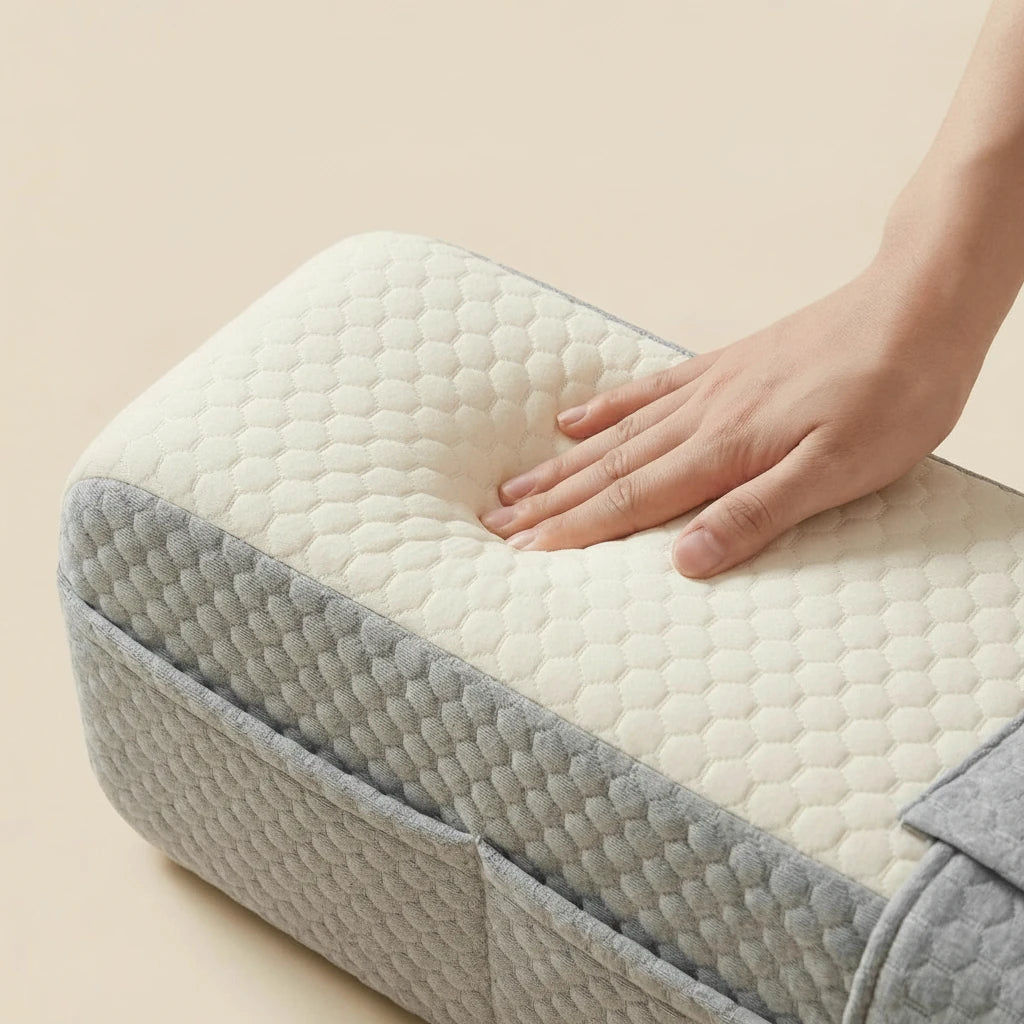 gros plan d’une main appuyant sur la mousse du coussin de lecture pour montrer sa densité