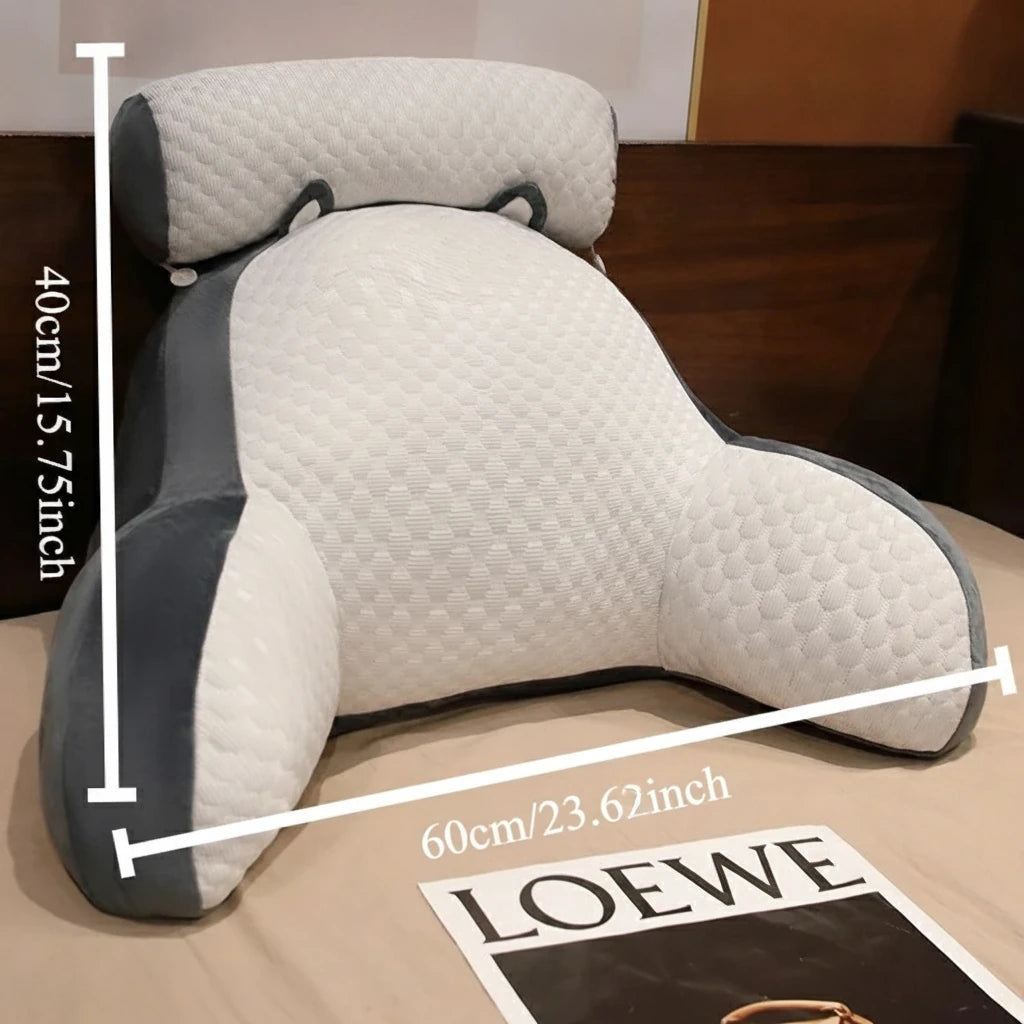 coussin de lecture gris et blanc avec dimensions 60 x 40 cm indiquées