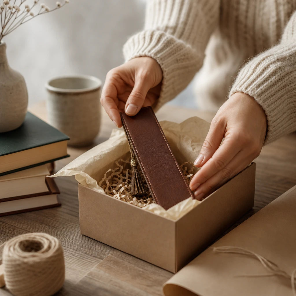 Mains anonymes préparant un coffret cadeau autour d'accessoires de lecture.