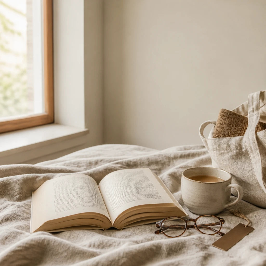 Coin lecture calme avec livre ouvert, tasse de thé et accessoires de lecture.