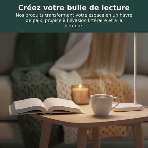 Une scène d'intérieur avec une lampe de lecture éclairant un livre ouvert et une tasse de thé, créant une ambiance calme.