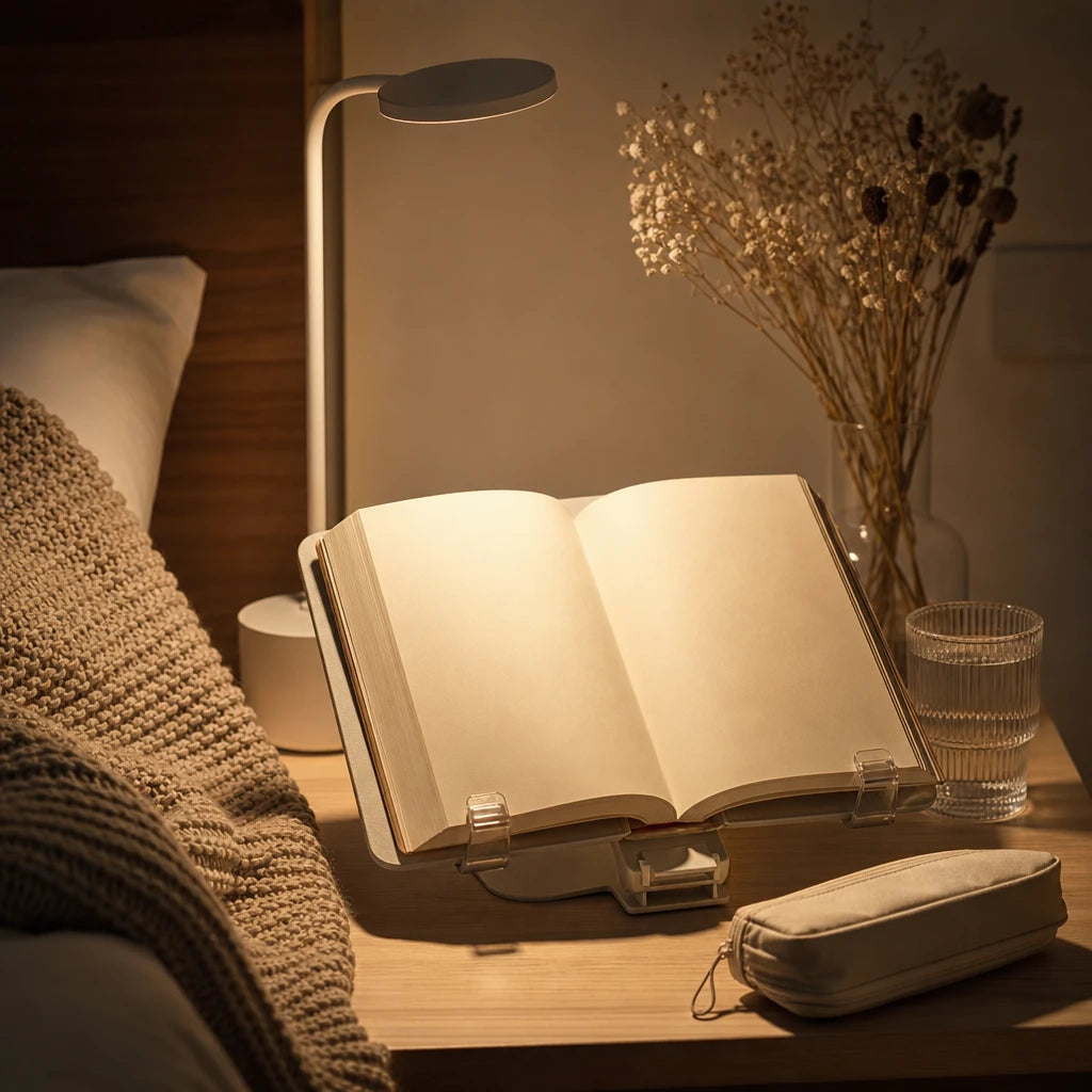 Livre ouvert près d'une lampe douce et d'accessoires pour lire le soir.