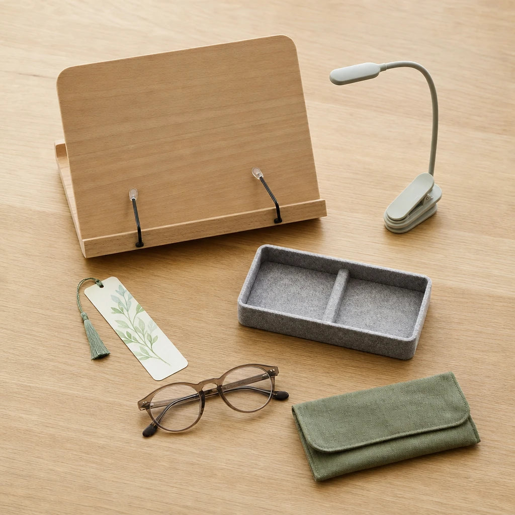 Accessoires de lecture rangés avec soin sur une table en bois clair.